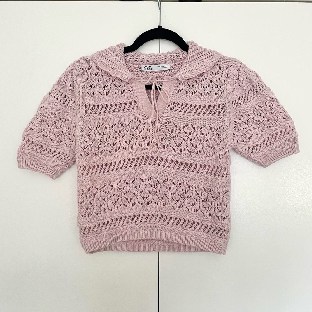 Zara | Pink lilac knitted short sleeve sweater collared top | Size M - Picture 4 of 7